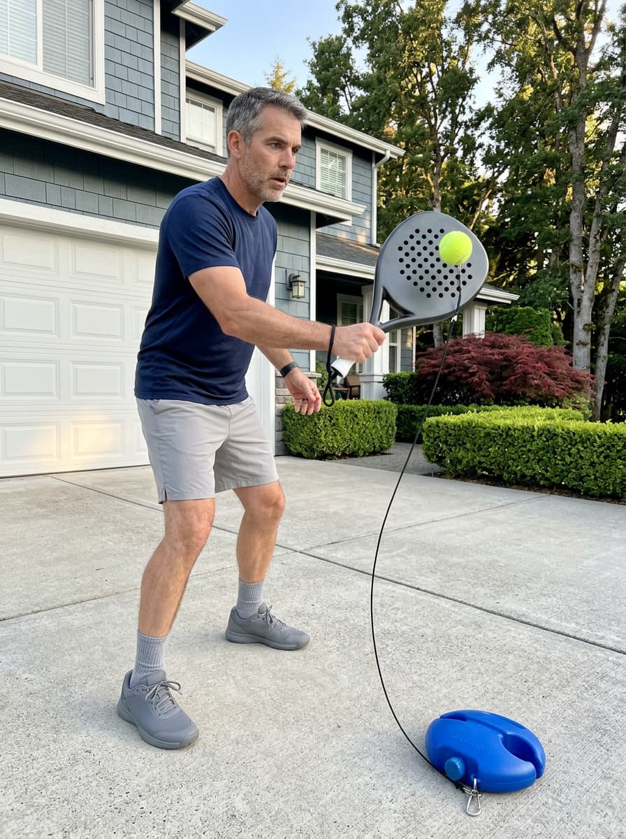 Beginner hitting a careful forehand on a paver patio